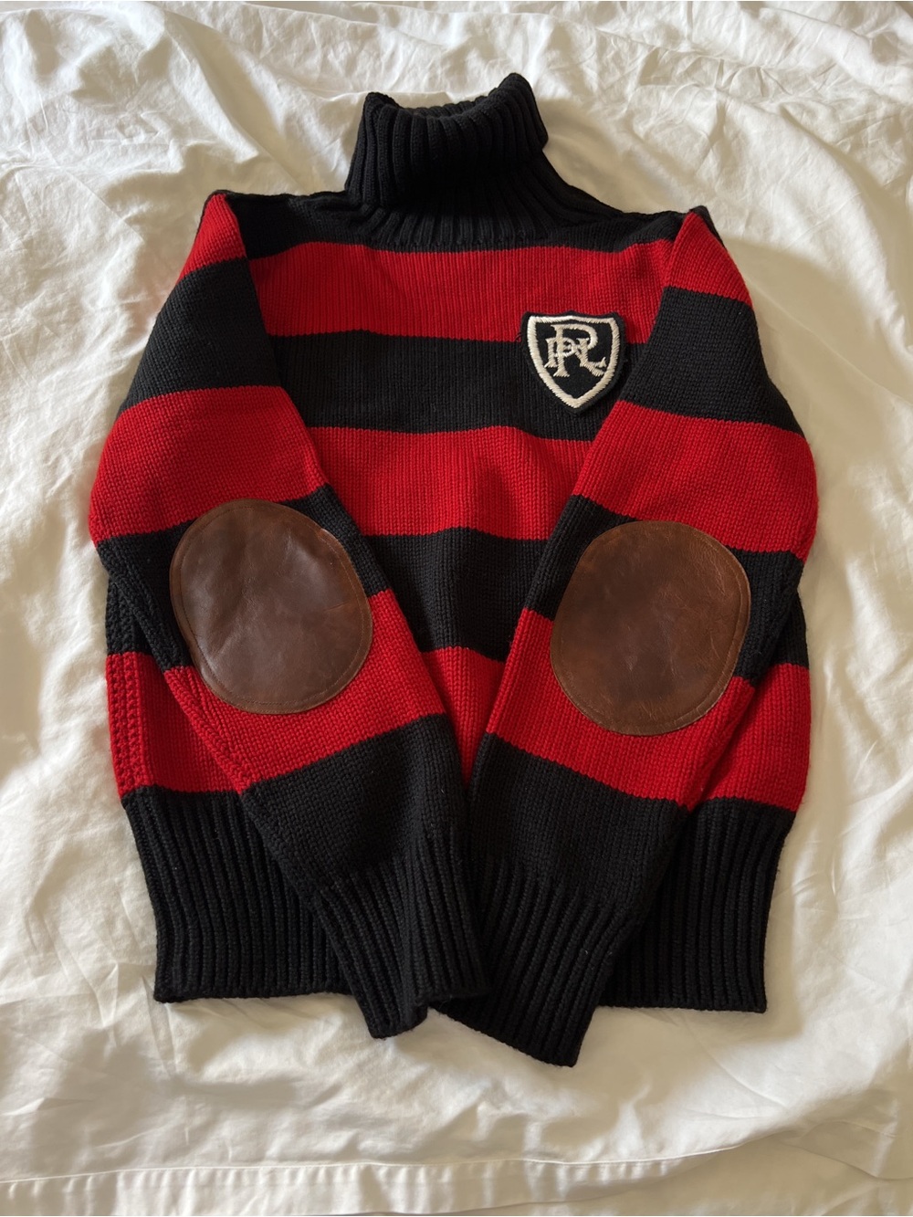 NWOT Vintage Polo by Ralph Lauren Merino Wool Striped Sweater Leather Elbow M